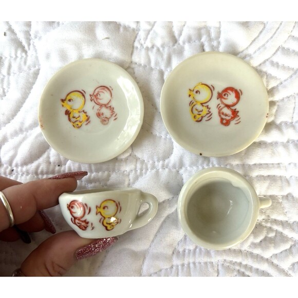 VNTG 9 Piece Children’s Tea Set-1950s-W/Metal Tray-Duck-Made Japan-Hand Painted - Picture 6 of 11